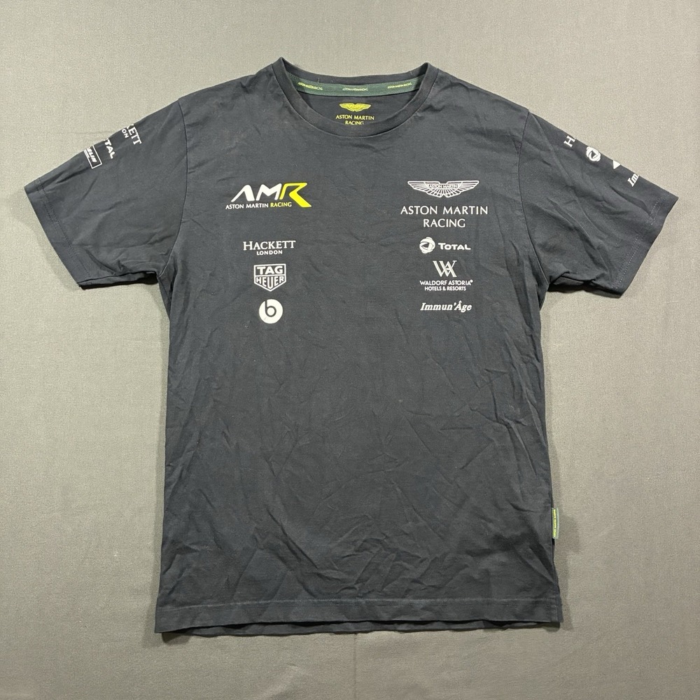 Aston Martin Racing Mens T Shirt Black Hackett TAG Heuer Team Sponsor Logo Tee S